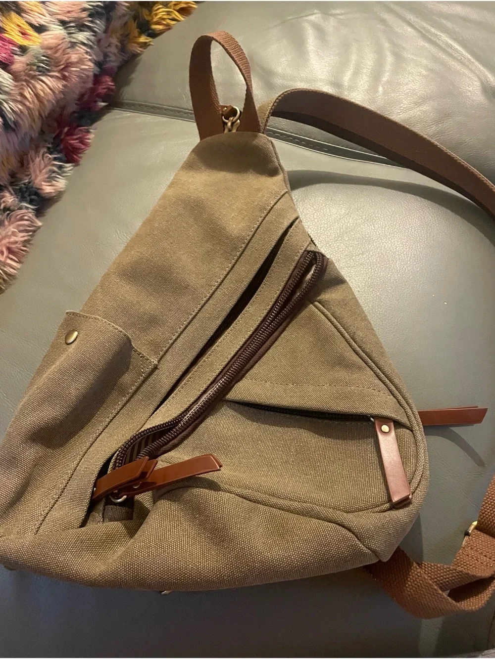 Antik Kraft Olive Canvas Sling Backpack with Brown Accents